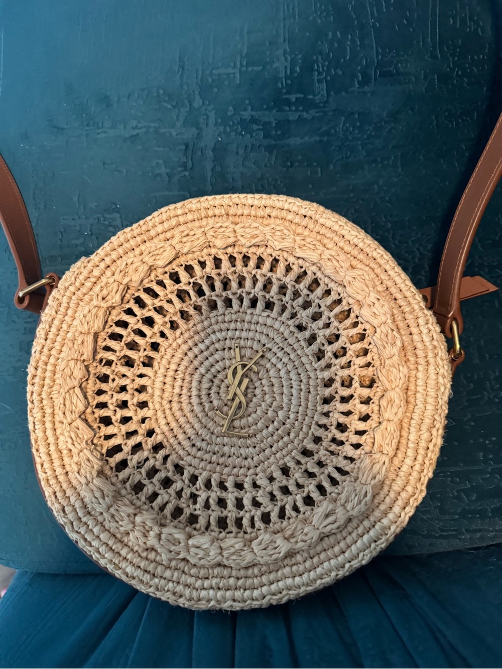 Saint Laurent Natural Woven Round Crossbody with Brown Leather Strap